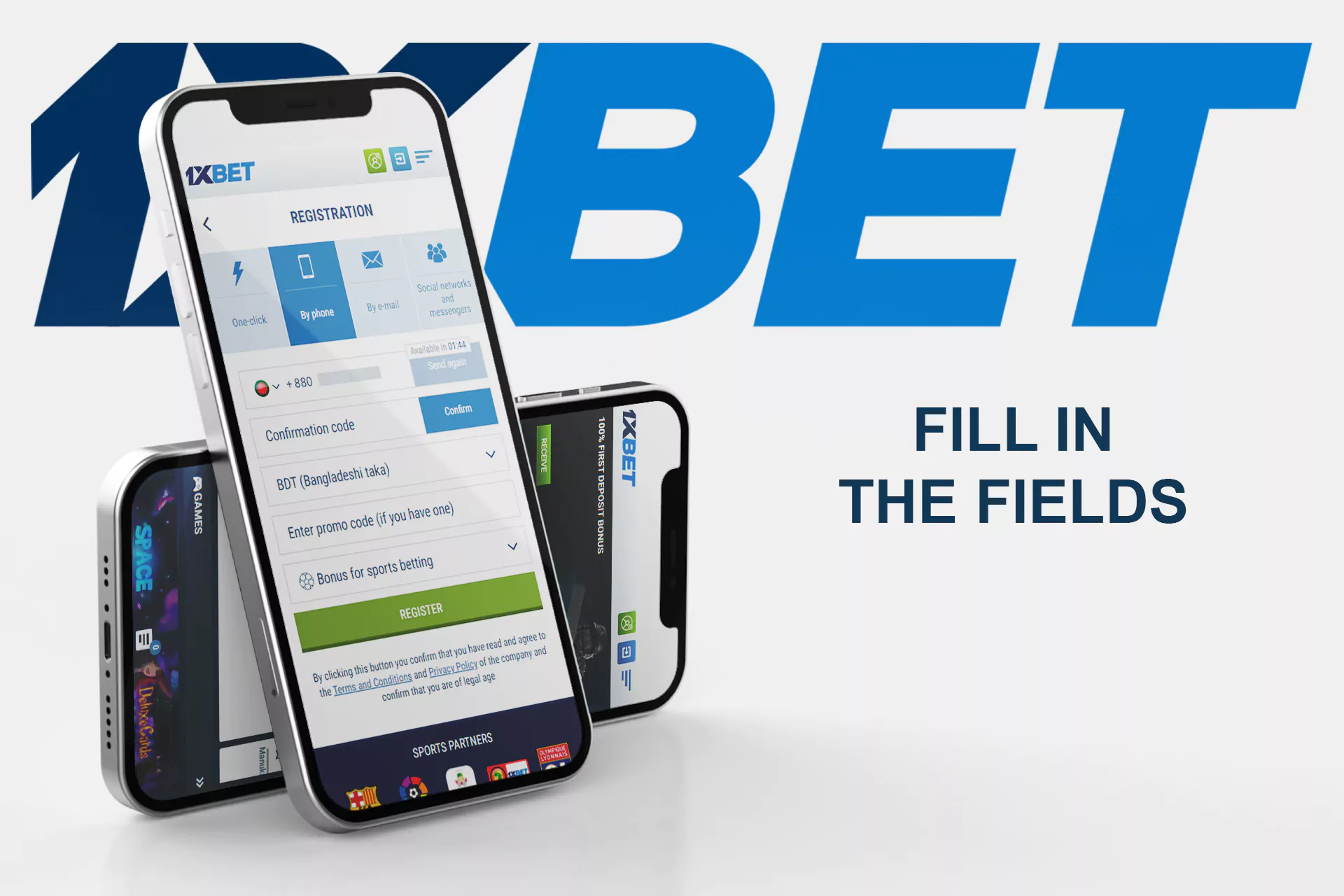 Fill in your number and confirm the registration at the 1xBet website.