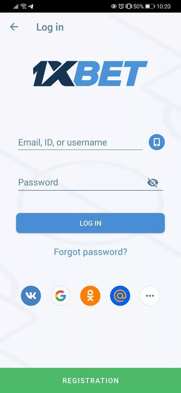 1xBet App Login form.