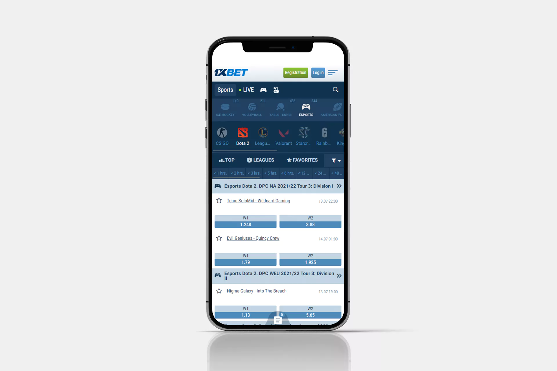 You can find the Dota 2 events in the 1xBet app as well.