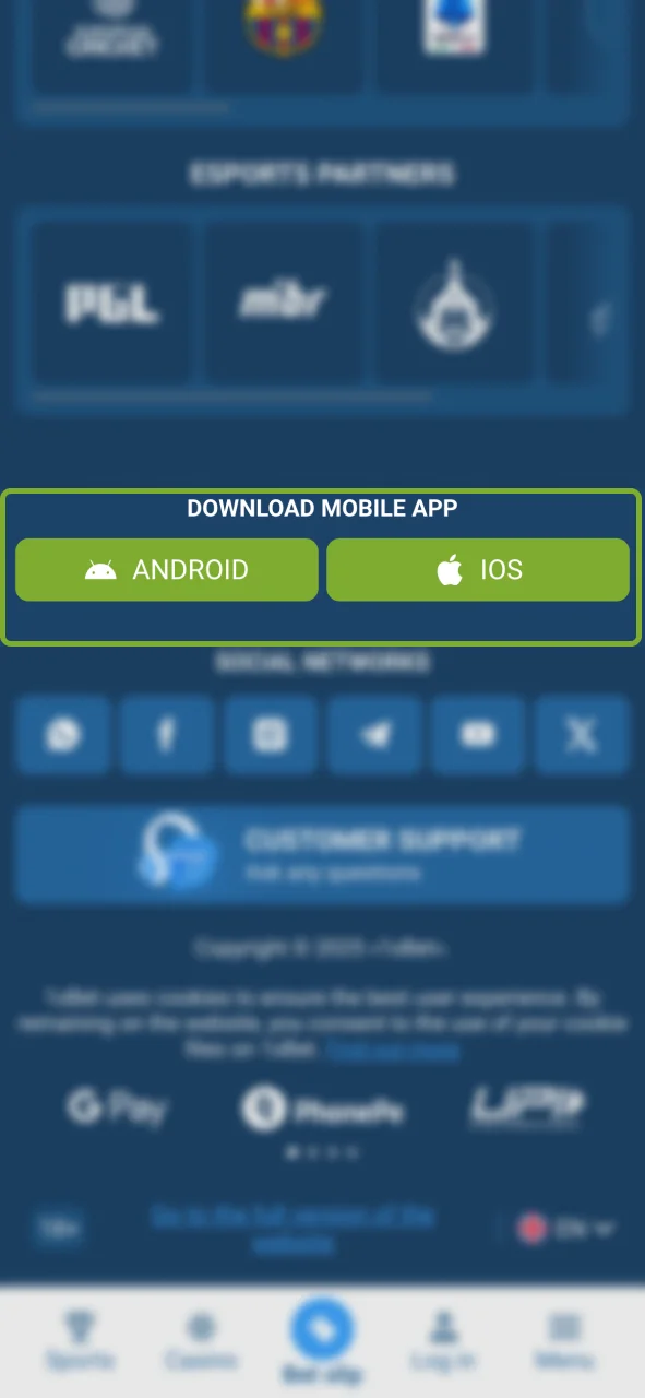 Open the 1xBet app page by clicking the button at the bottom.