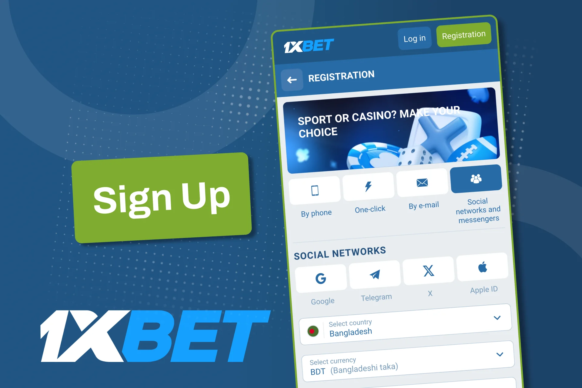 Download and install 1xBet app to create your account easily.