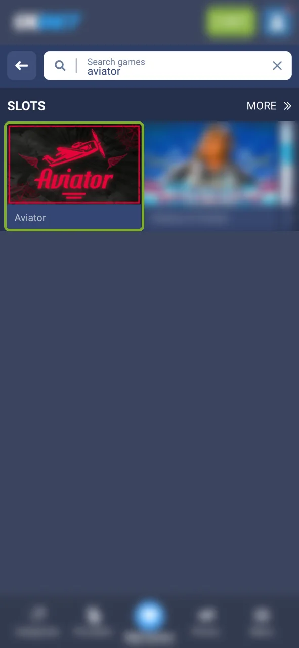 Go to Slots, pick Aviator on 1xBet.
