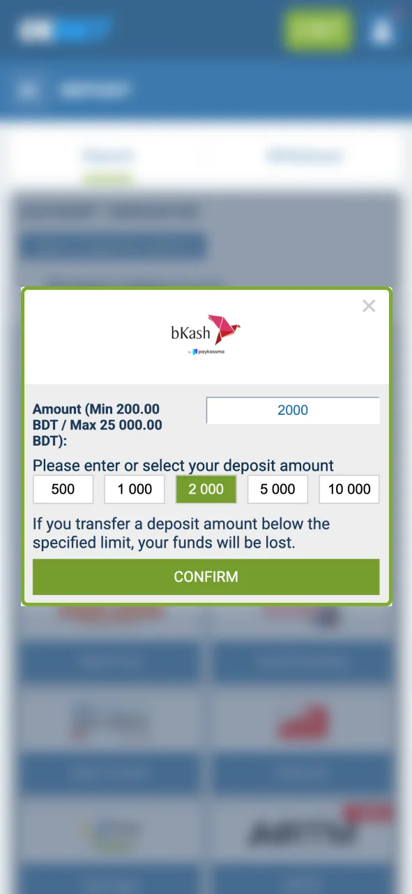 Choose payment and deposit at 1xBet.