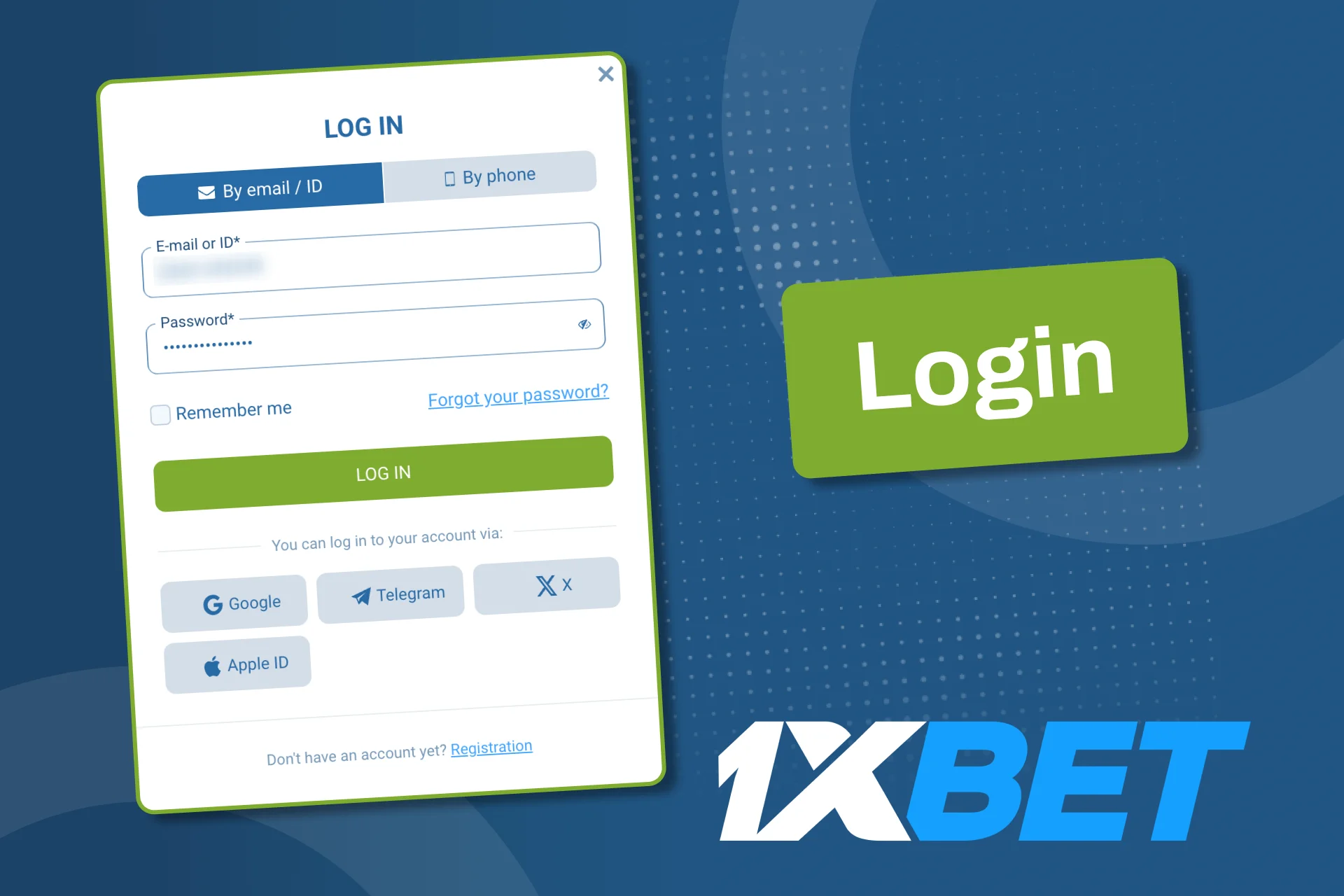 You can log in to the 1xBet website or the app by using your ID and a password.