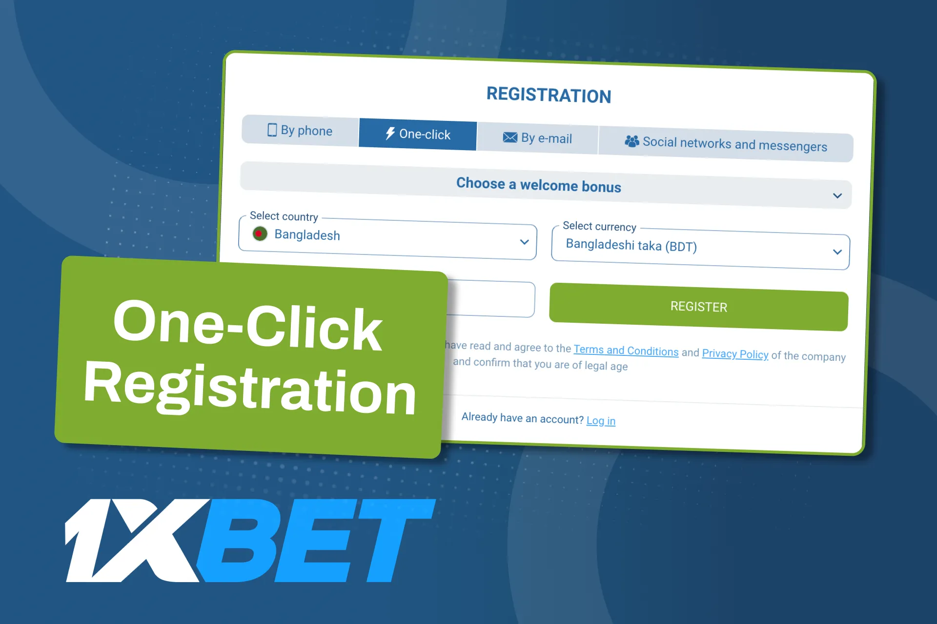 One-click is the simplest way to create an account at 1xBet.
