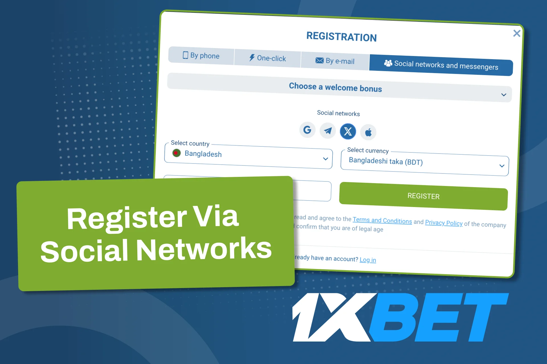If you have an account in Social Networks, you can use it for registration at 1xBet as well.
