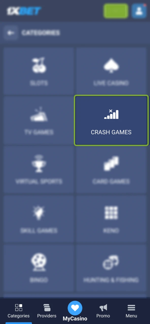 Explore 1xBet Casino and choose your favorite Crash Game.