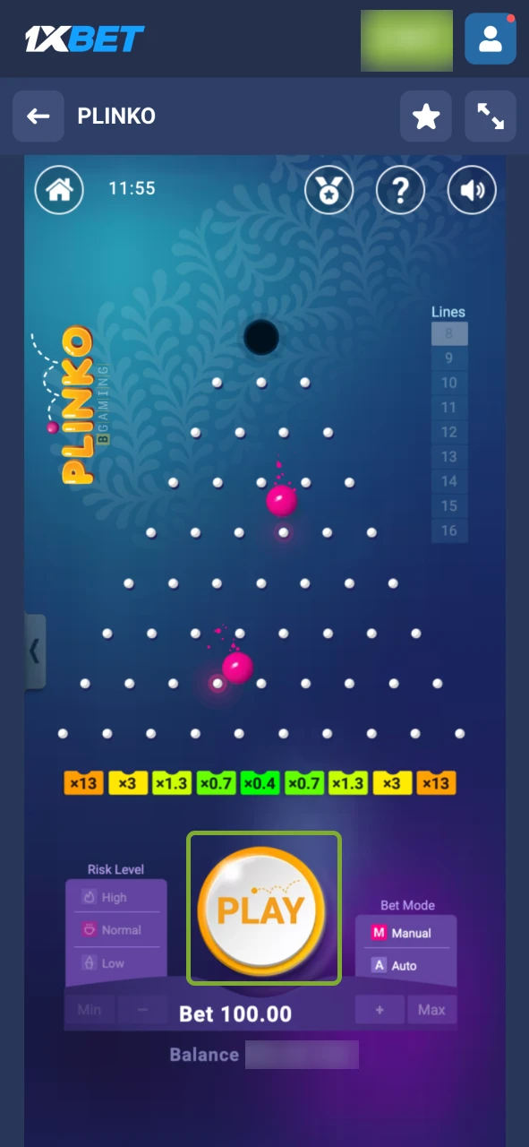 Start your Plinko round with Drop button on 1xBet.