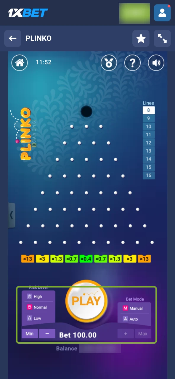 Set your stake and risk level in 1xBet Plinko.