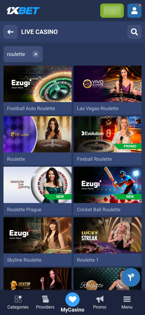 Select a 1xBet table for Roulette, Blackjack, Baccarat, Poker, or game shows.