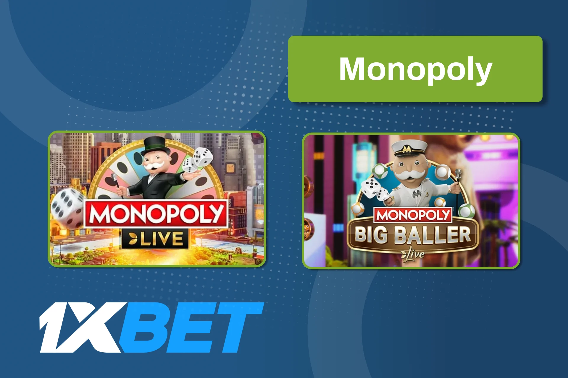 Play Monopoly Live at 1xBet by betting on wheel segments and bonus rounds.