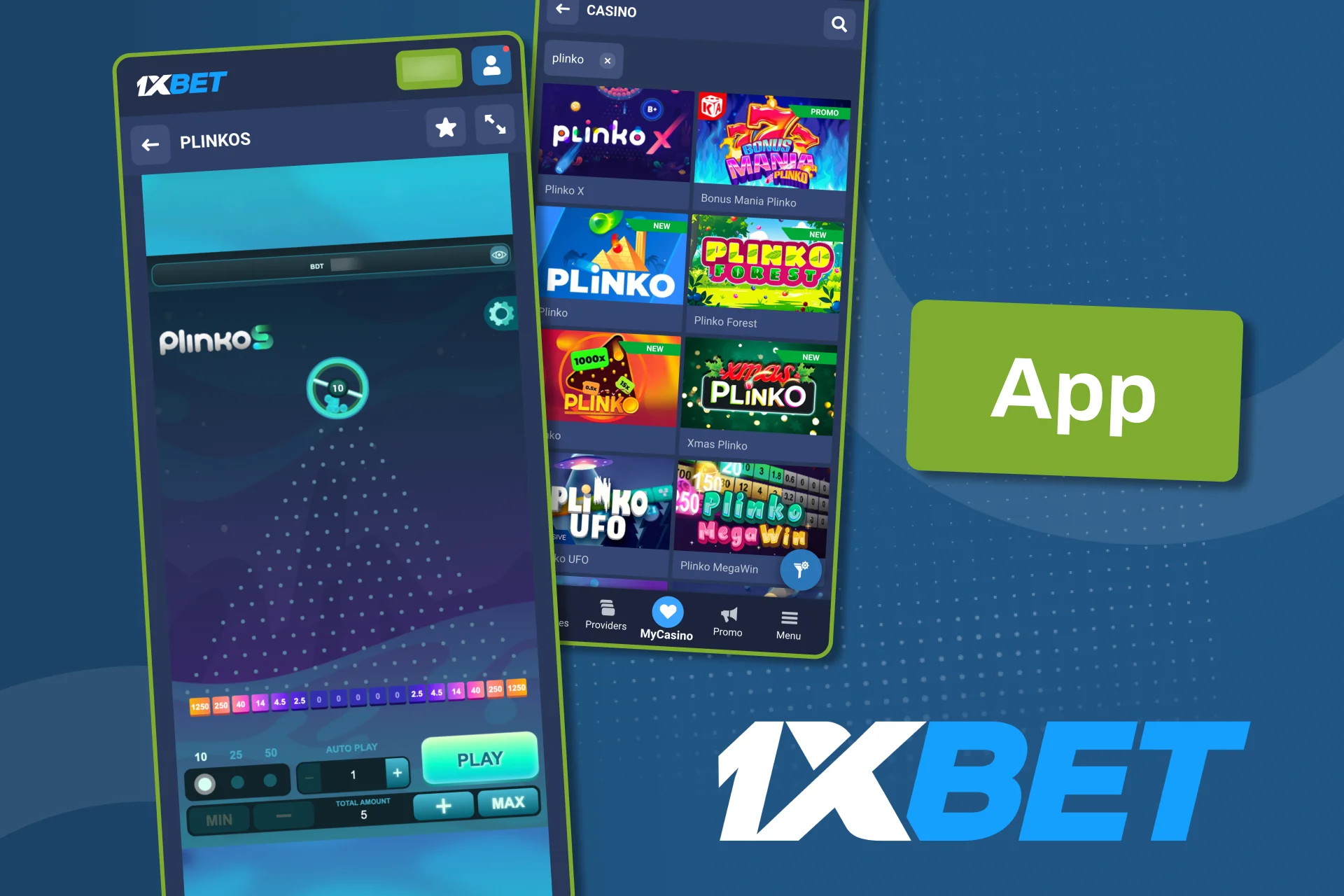 Claim bonuses and open Plinko games on 1xBet mobile app.