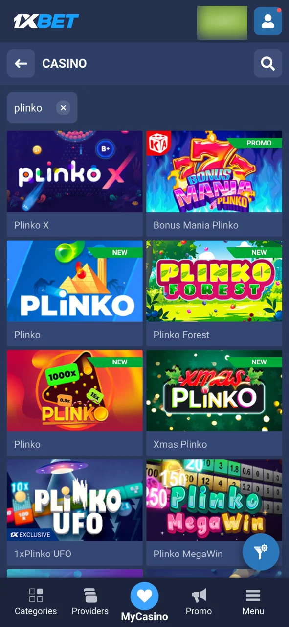 Find Plinko in 1xBet Casino lobby and start playing.