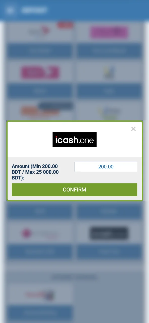 Choose a payment method and fund your 1xBet account.