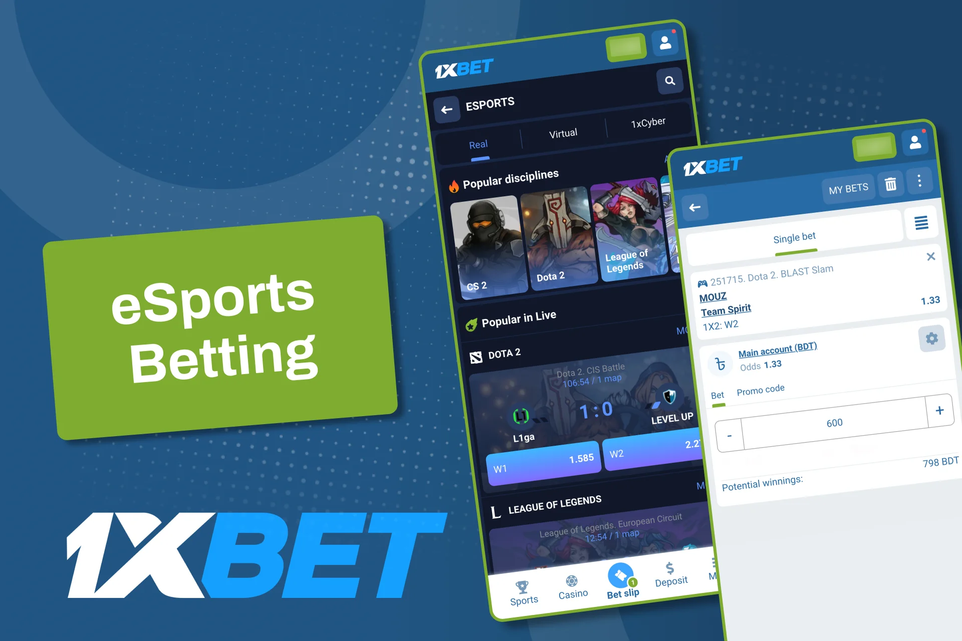 Bet on eSports in the 1xBet app and follow live matches easily.