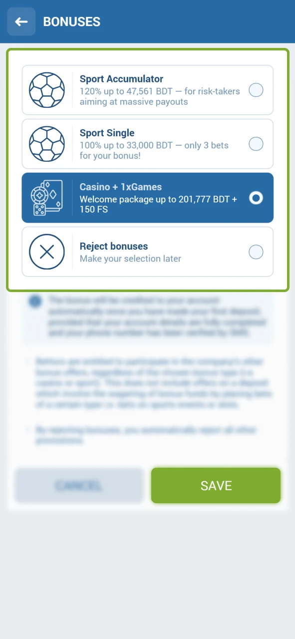 Choose your 1xBet welcome bonus after entering your details.