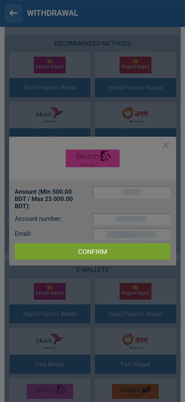 Check the information and confirm the withdrawal of funds from 1xBet.