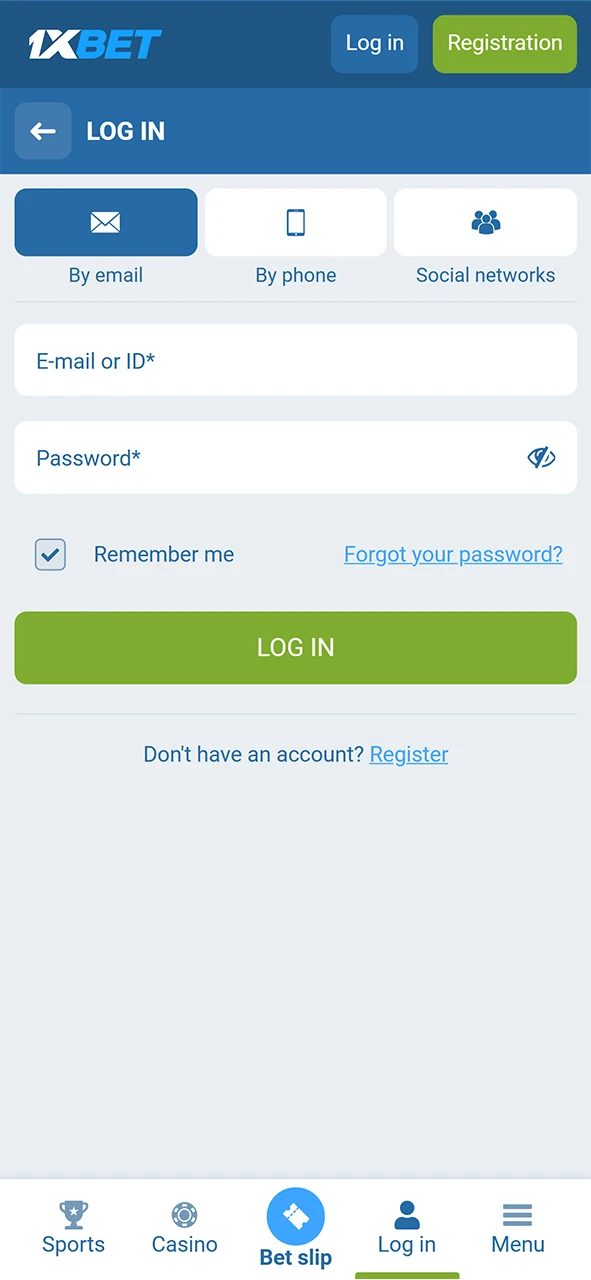 Log in to your 1xBet account or create a new one.