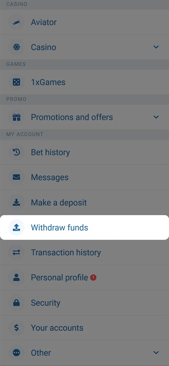 Go to the 1xBet withdrawal section.