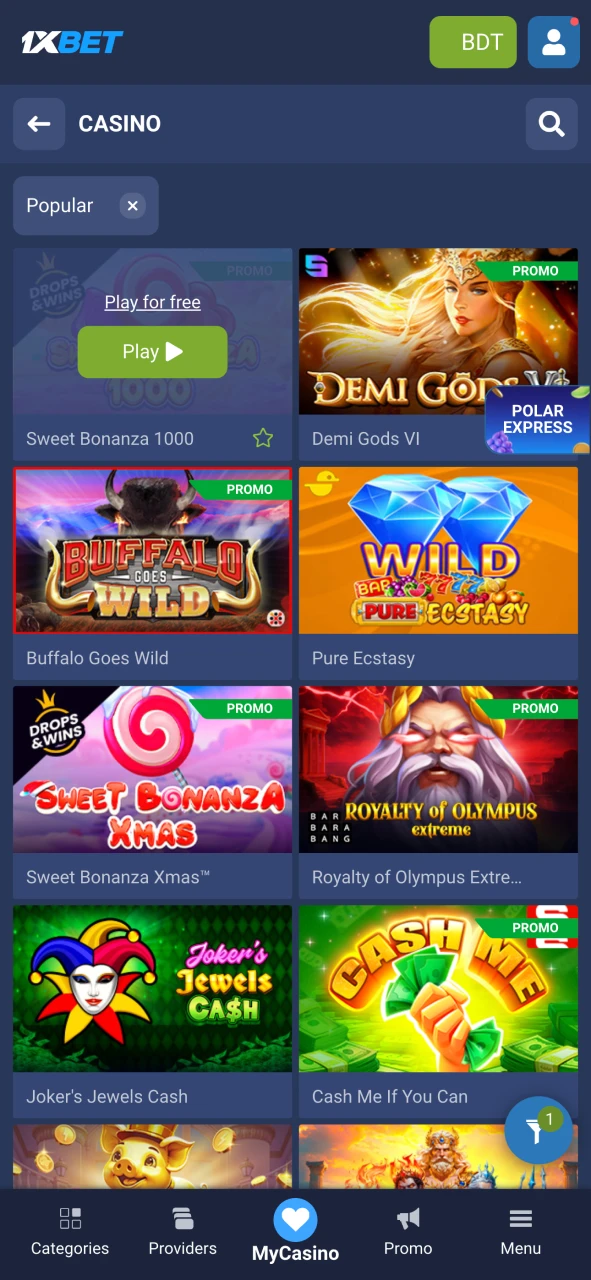 Enjoy playing casino games at 1xBet platform.