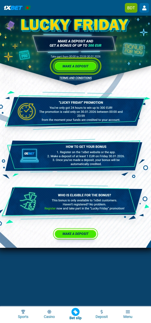 Deposit on Friday and receive your bonus automatically with 1xBet.