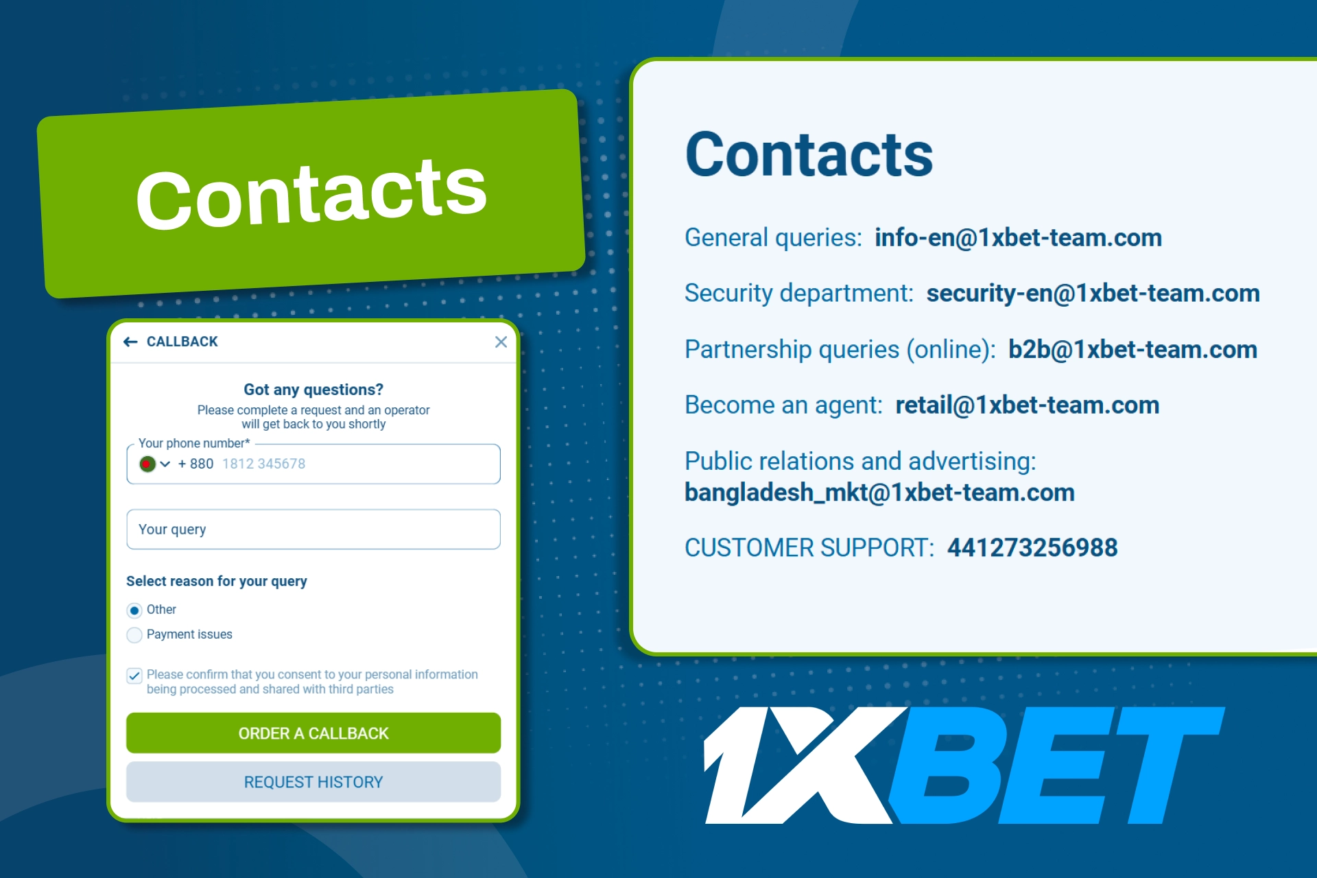 Get reliable help for accounts and payments with 1xBet support.