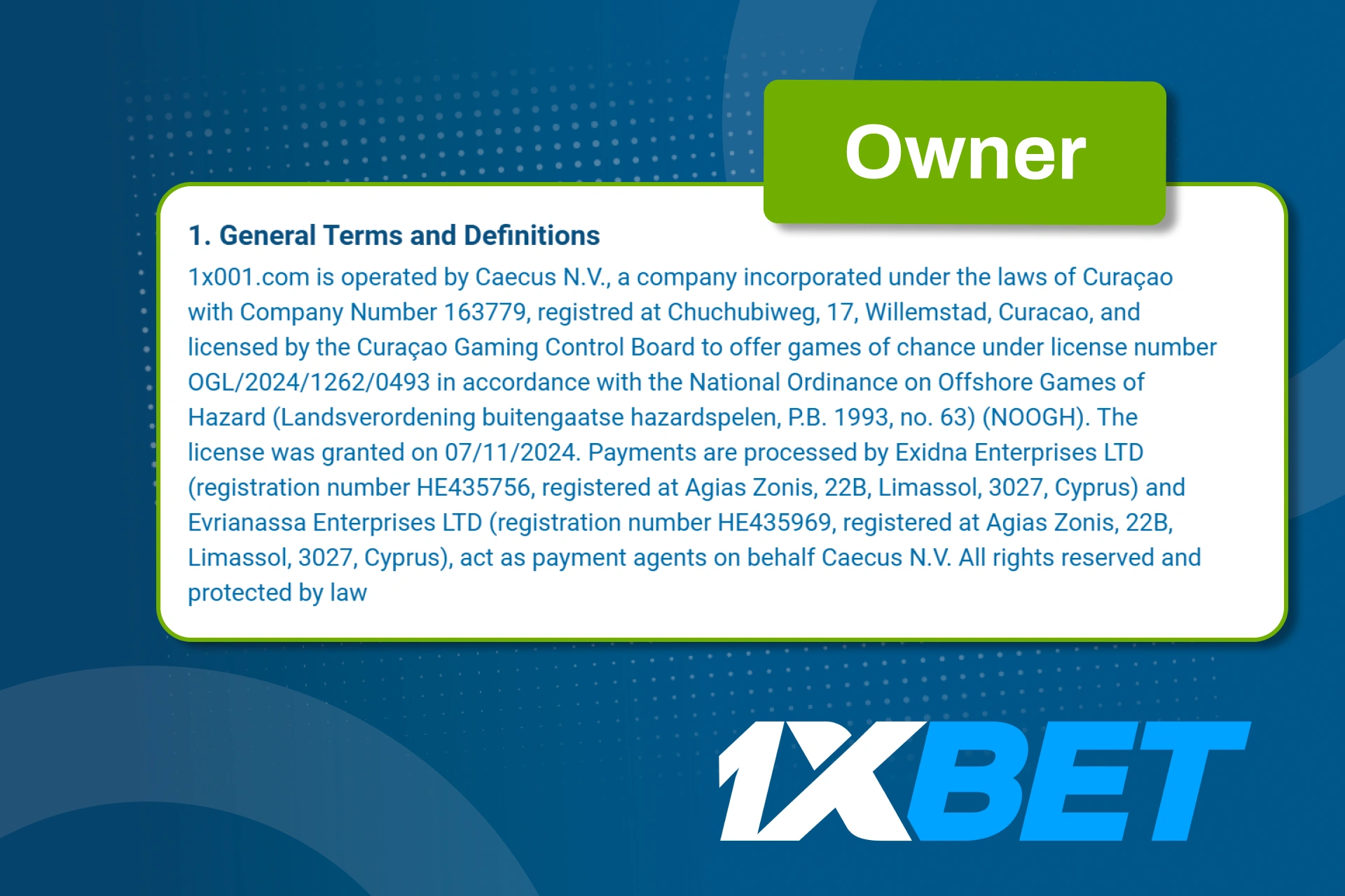 Check licensed operator information and trust your play on 1xBet.