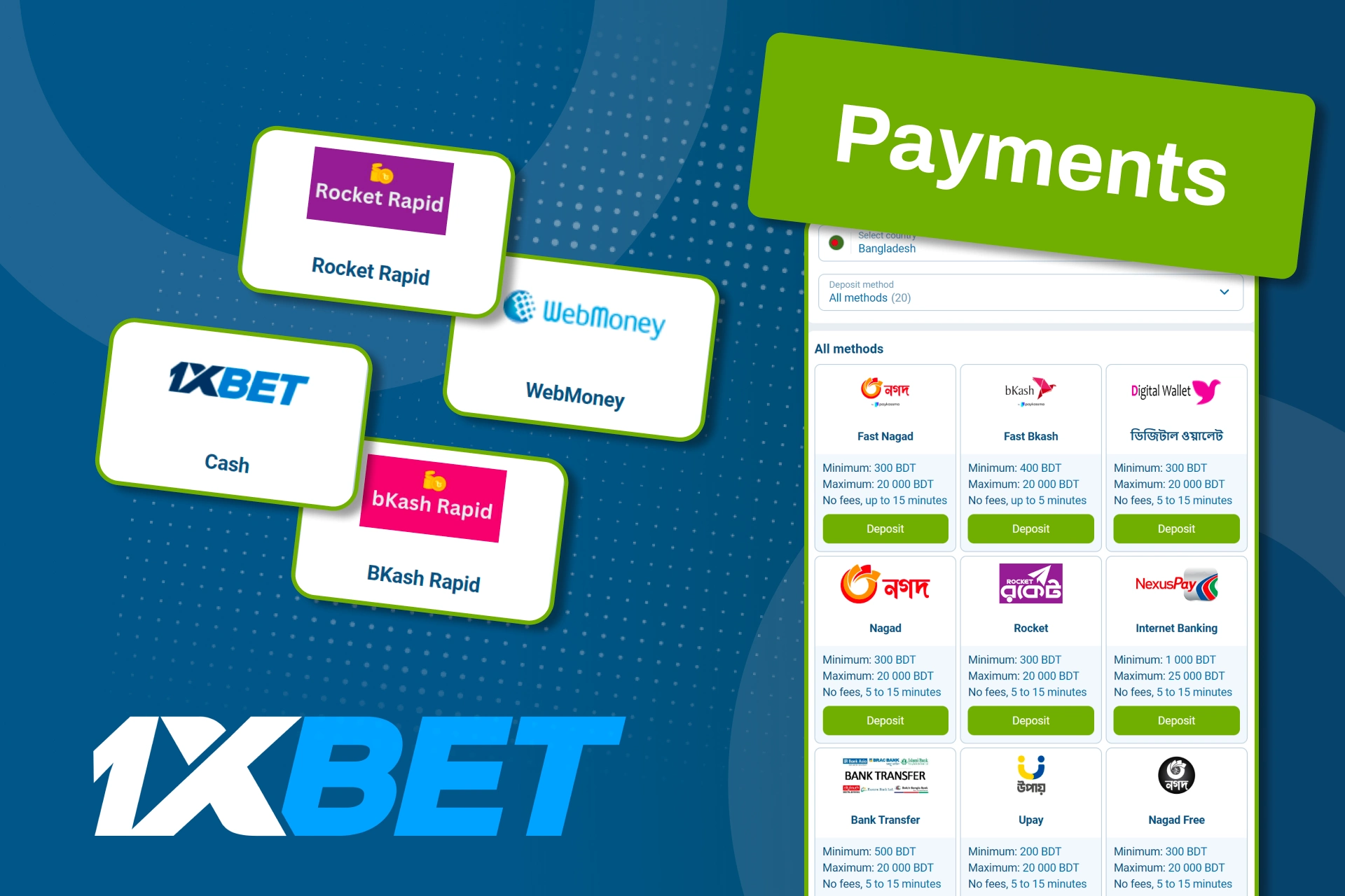 Choose convenient local and crypto payments for easy deposits on 1xBet.