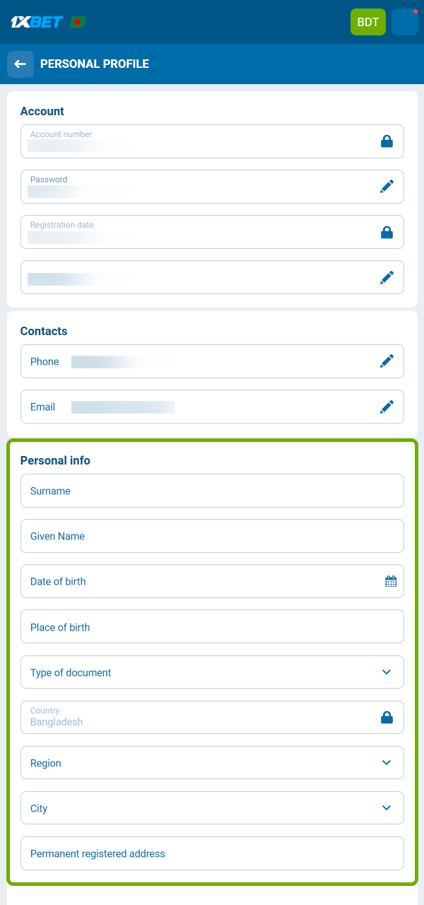 Fill in real details and upload documents to verify on 1xBet.