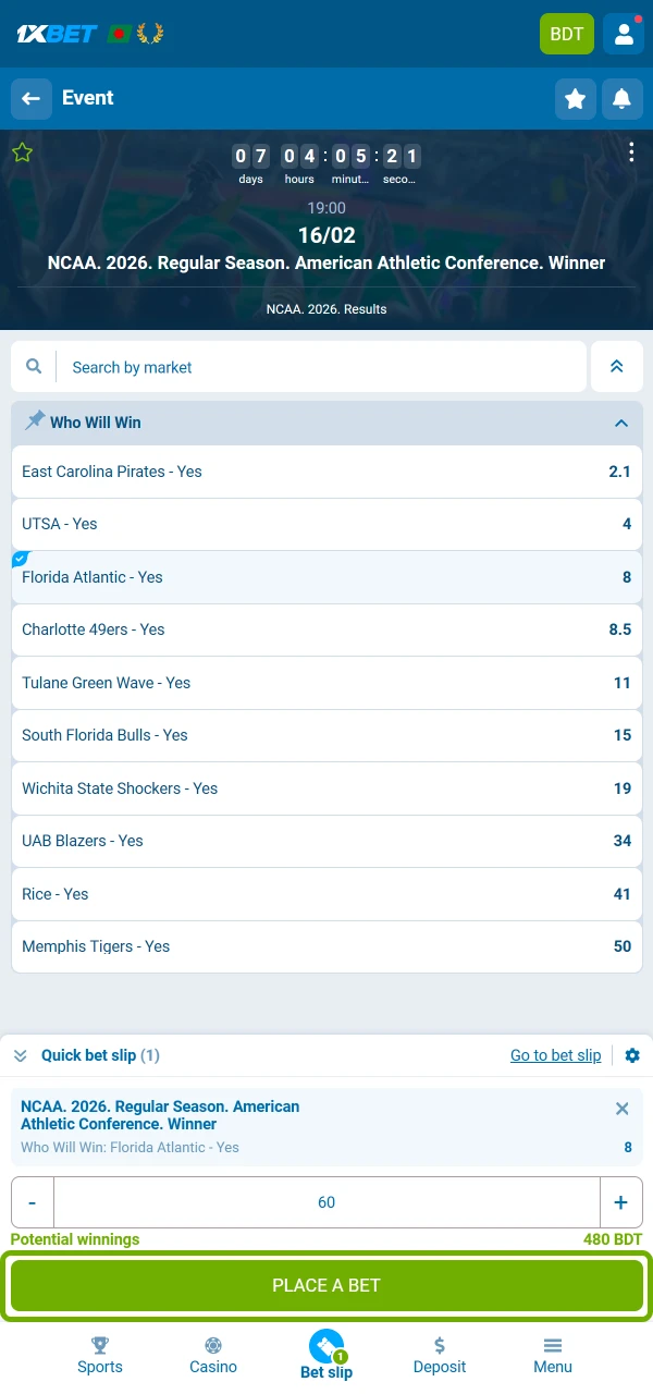Place your baseball bet at 1xBet by choosing the market odds and stake in just a few clicks.