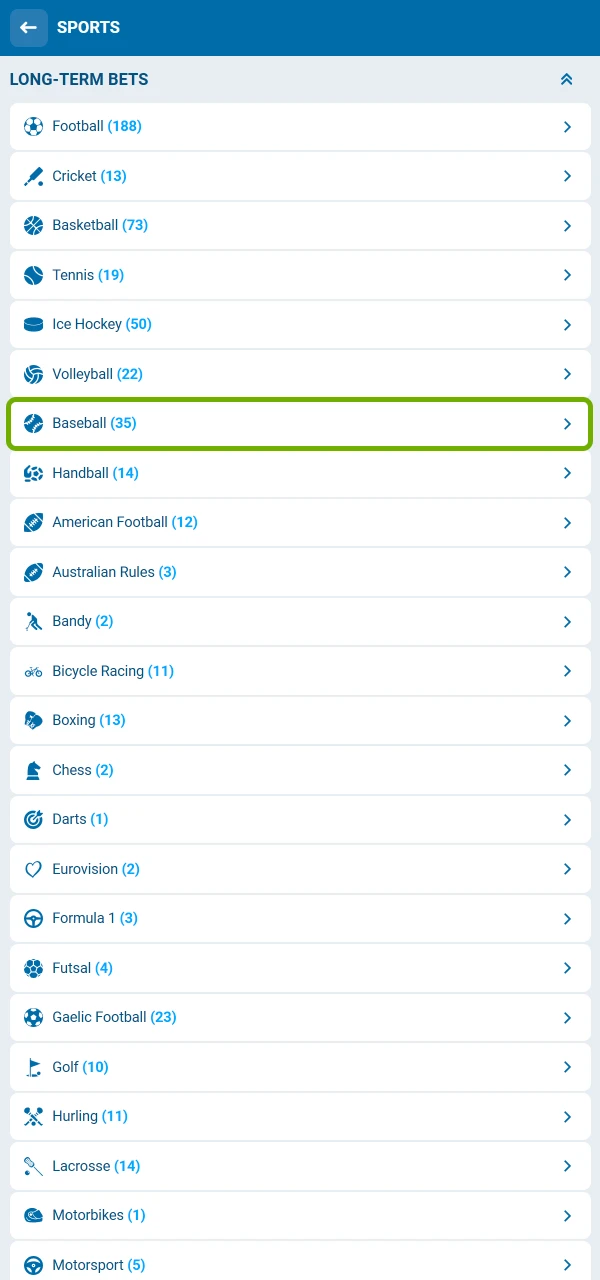 Go to the sports tab on 1xBet to access baseball matches and start betting.