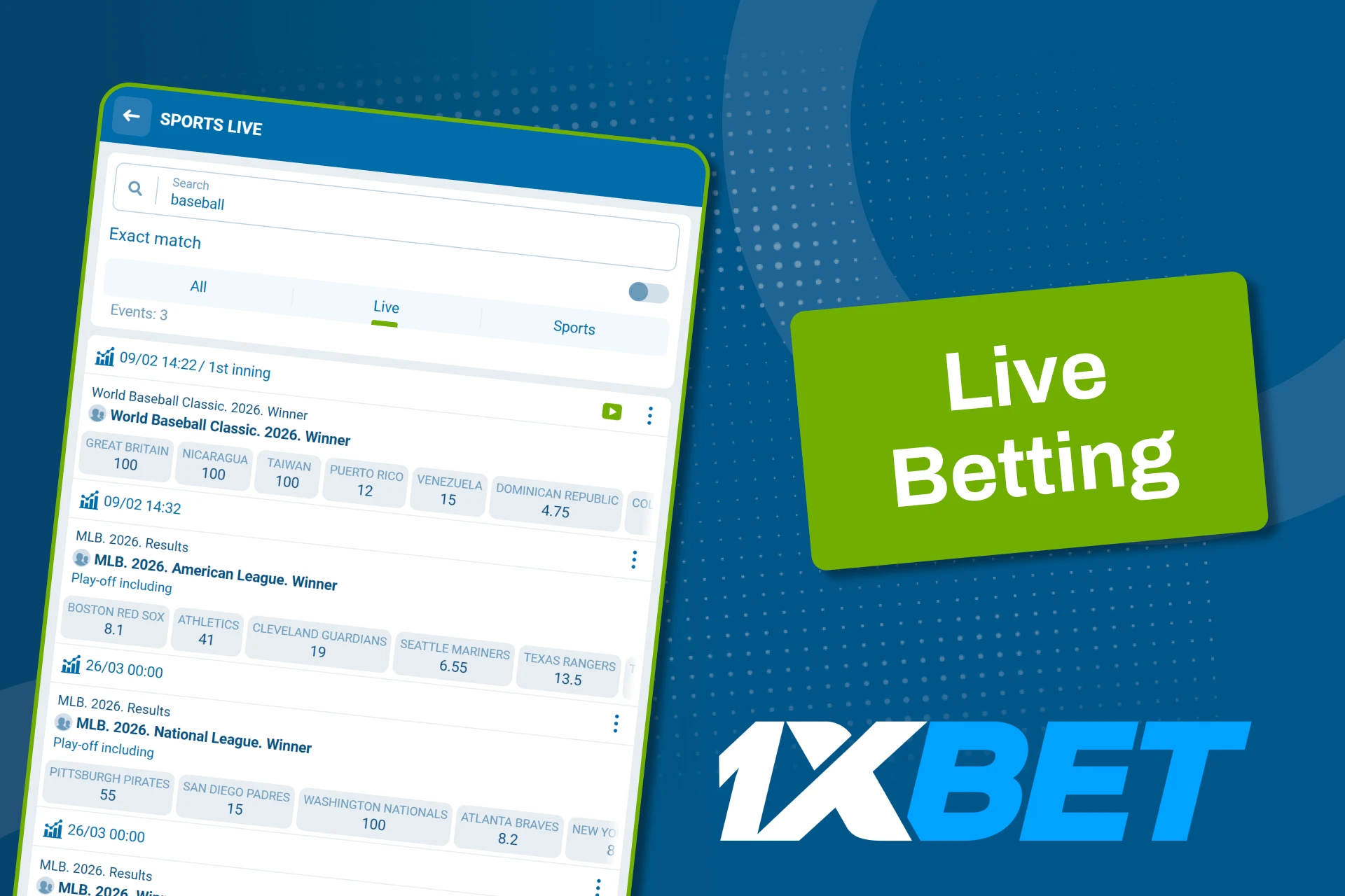 Try live baseball betting at 1xBet in BD and place bets during matches with dynamic odds.