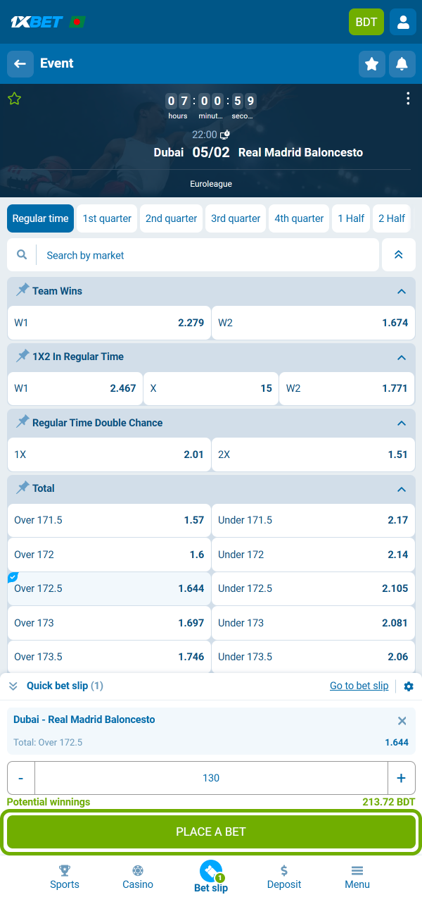 Choose a market and place your bet smoothly on 1xBet.