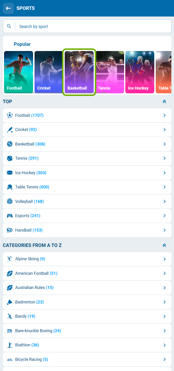 Enter the basketball section and place bets on 1xBet.