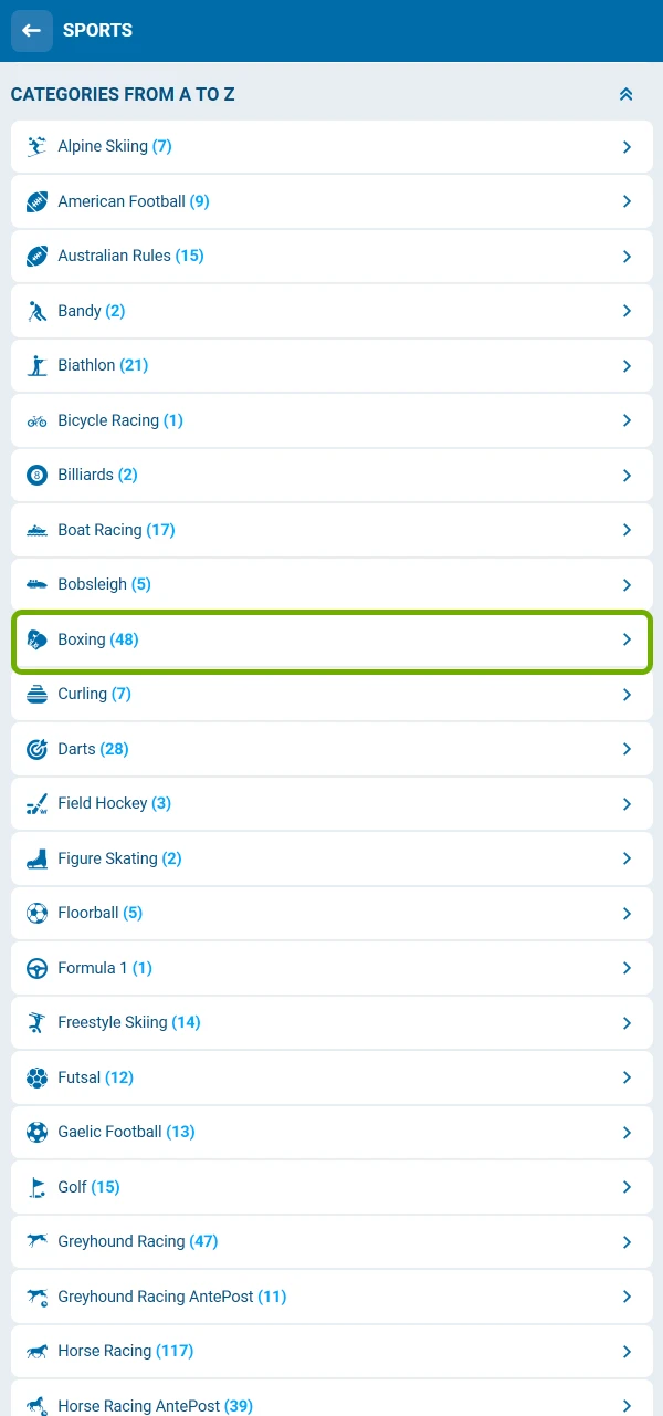 1xBet-এ স্পোর্টসে ক্লিক করুন এবং সহজেই বক্সিং বিভাগে প্রবেশ করুন।