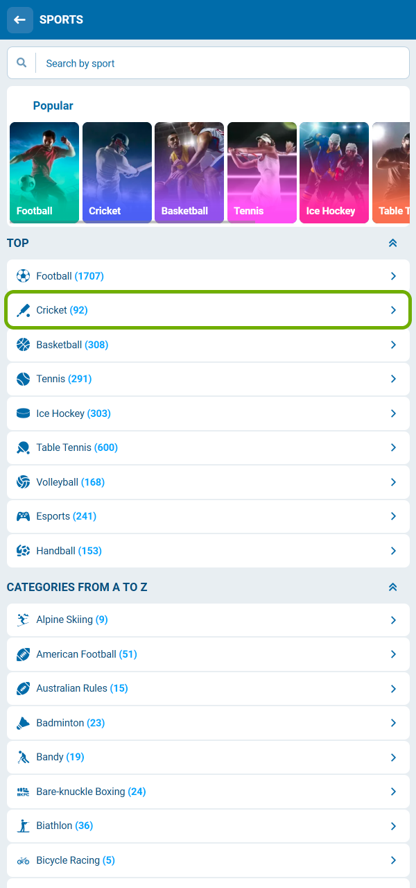 Open the cricket category and explore live fixtures on 1xBet.