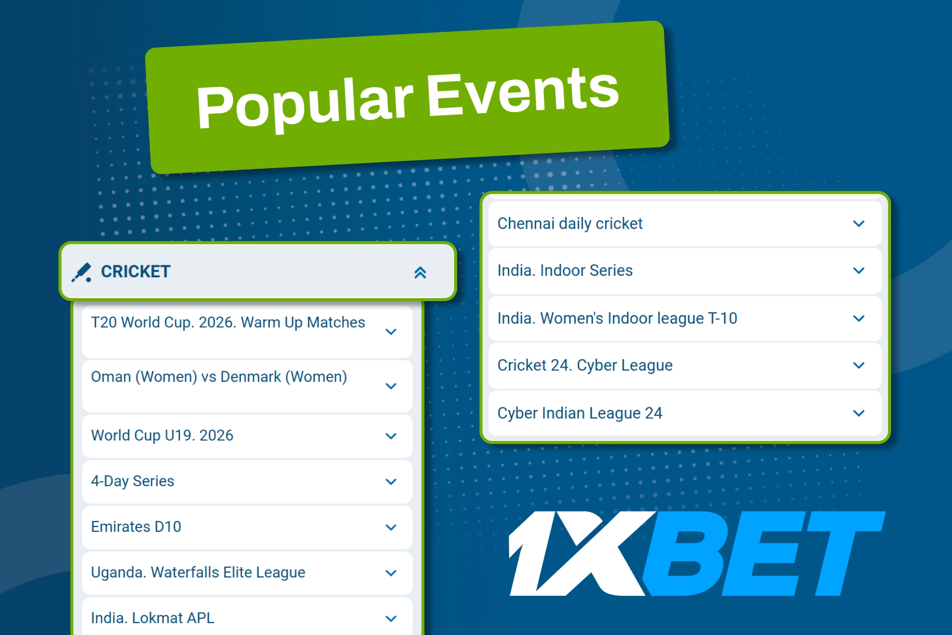 Explore top cricket events and enjoy smooth betting on 1xBet.