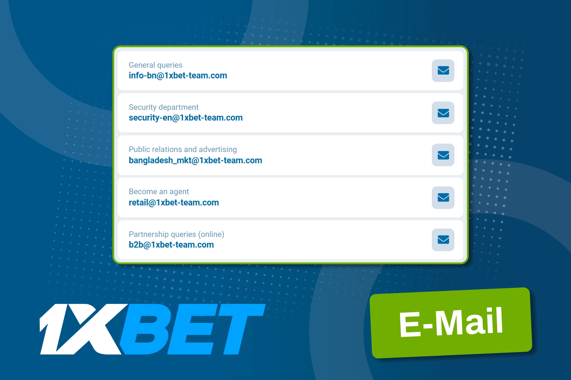 Reach specialized support teams easily via email on 1xBet.