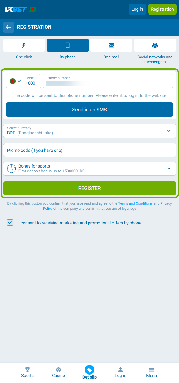 Create an account or log in and choose your welcome bonus on 1xBet.