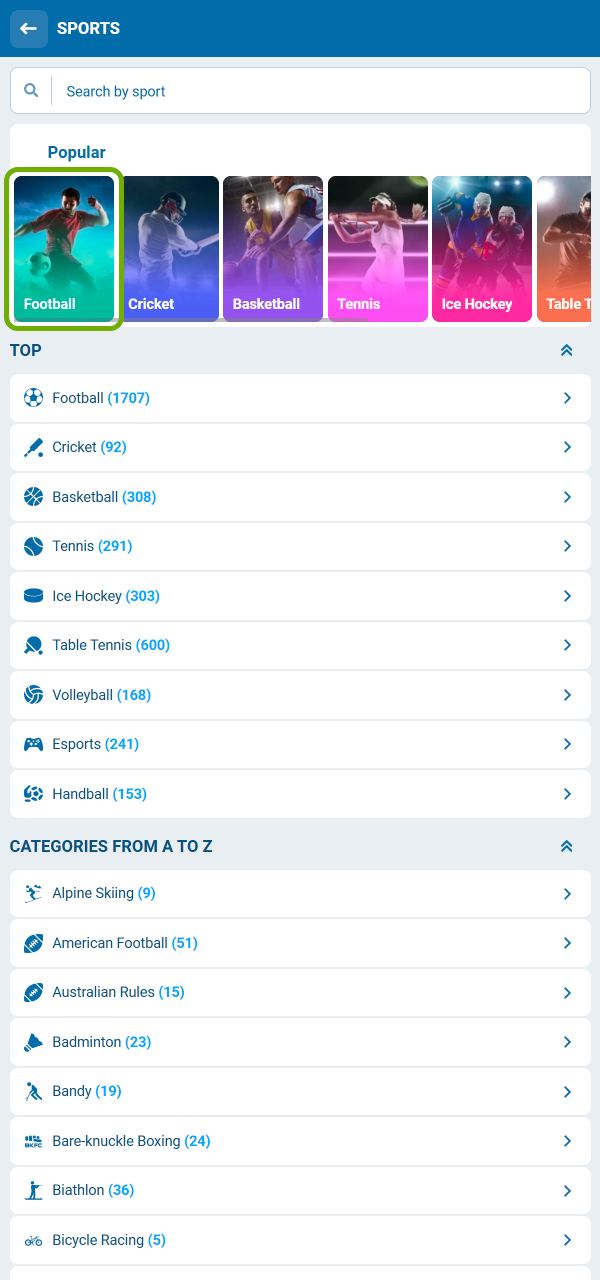 স্পোর্টস মেনু খুলুন এবং 1xBet-এ সহজেই ফুটবল ম্যাচগুলি খুঁজুন।