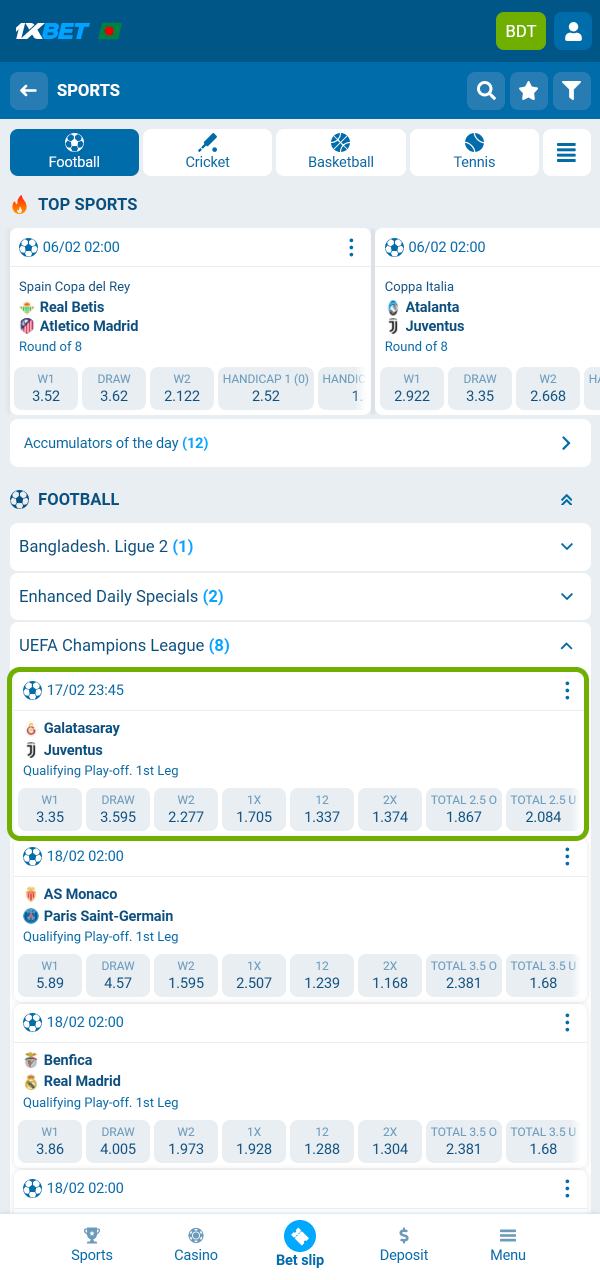 বাজারগুলি দ্রুত ব্রাউজ করুন এবং 1xBet-এ আপনার বাজি তৈরি করুন৷।
