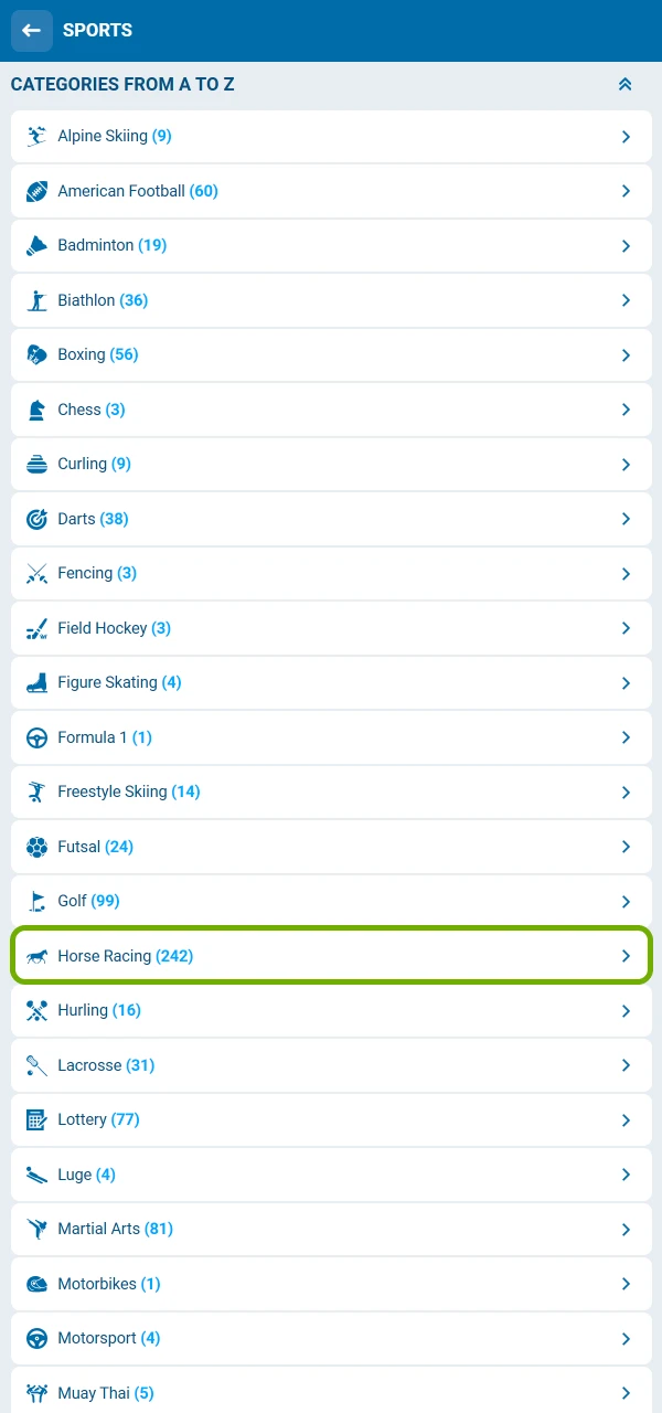 Find horse racing in the sports menu and bet with confidence on 1xBet.