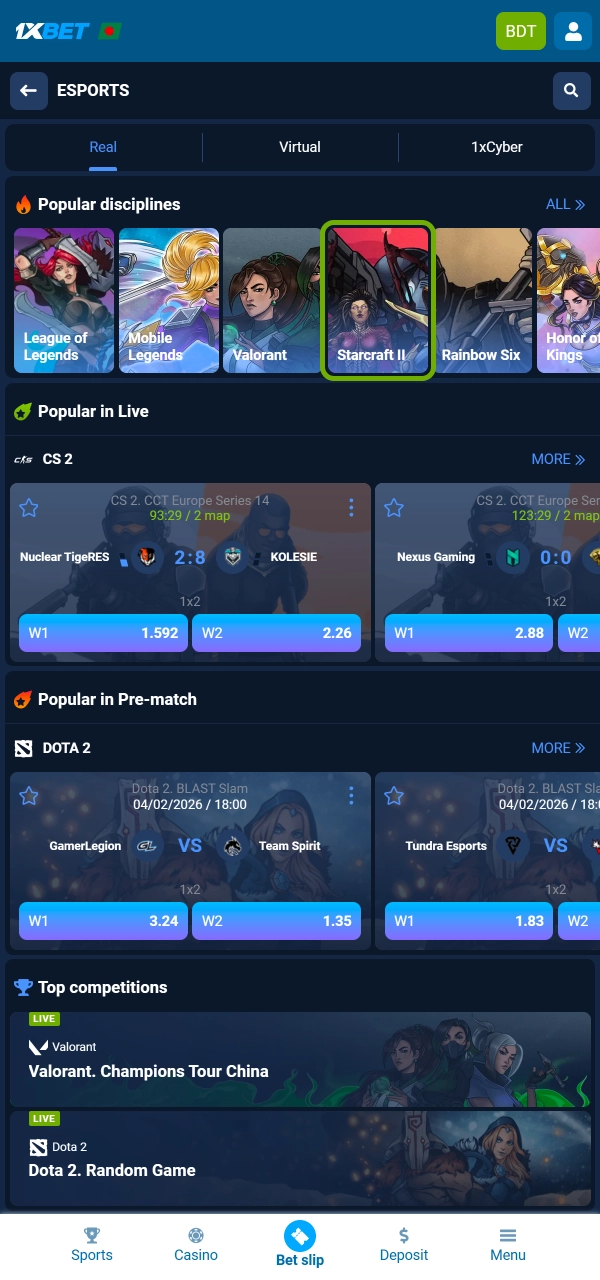 Choose StarCraft in esports and explore betting options on 1xBet.