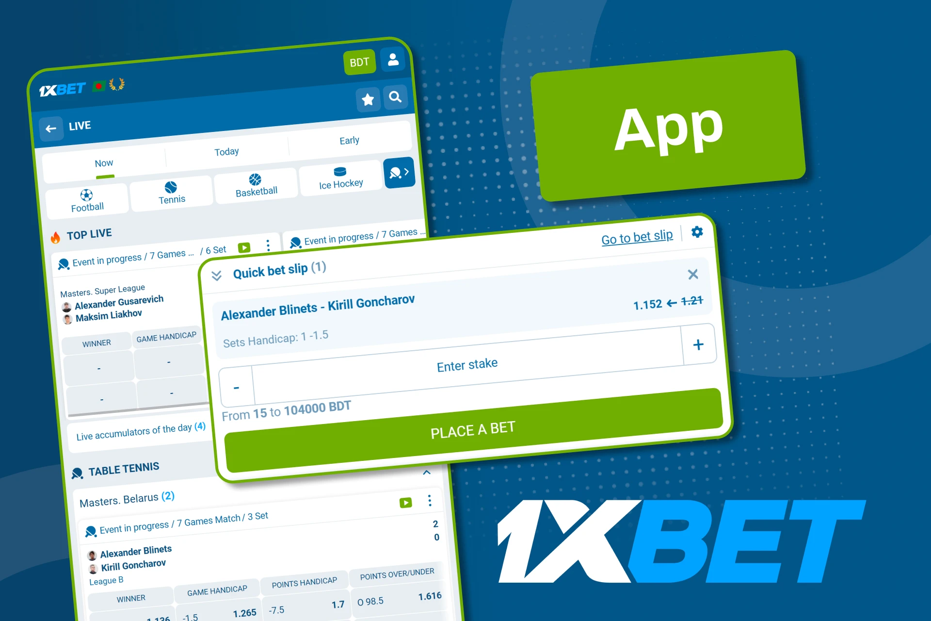সম্পূর্ণ প্ল্যাটফর্ম কার্যকারিতা সহ মসৃণ টেবিল টেনিস বেটিং উপভোগ করতে 1xBet অ্যাপটি ডাউনলোড করুন।