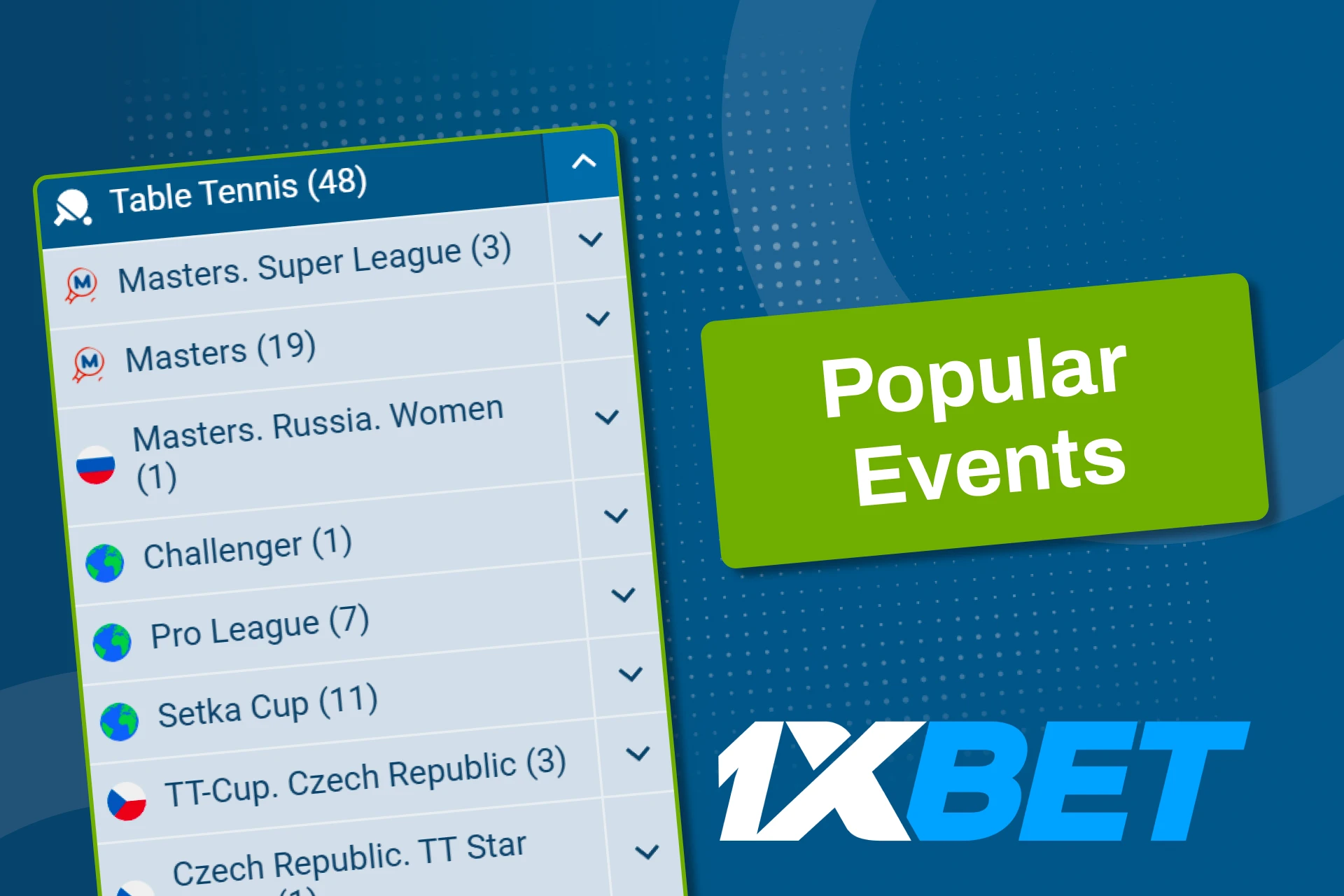 1xBet-এ শীর্ষ টেবিল টেনিস চ্যাম্পিয়নশিপ অনুসরণ করুন এবং প্রতিযোগিতামূলক প্রতিকূলতার সাথে বাজি রাখুন।