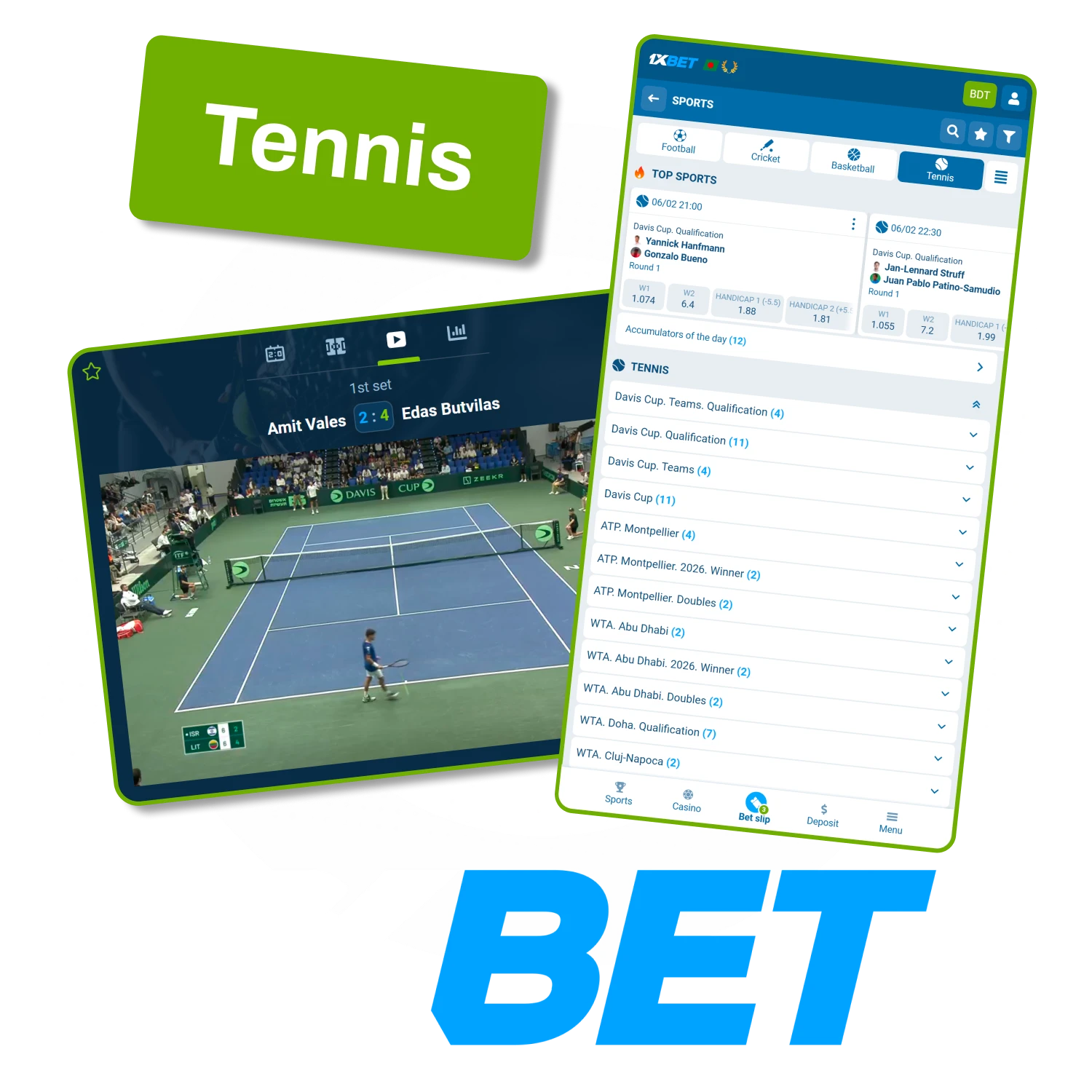 Join tennis fans and place bets on major matches with 1xBet.