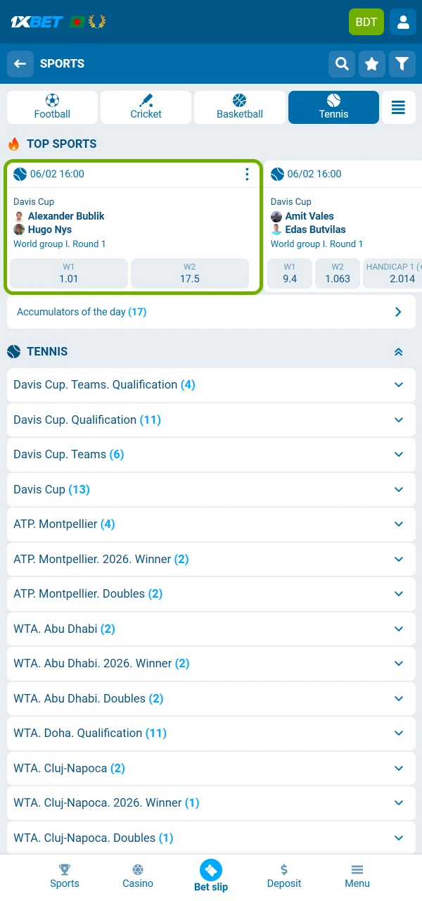 একটি টেনিস খেলা নির্বাচন করুন এবং 1xBet-এ মসৃণভাবে বাজি ধরা চালিয়ে যান।
