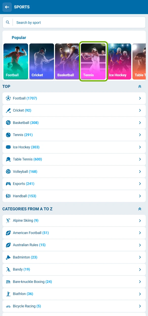 টেনিস বিভাগ খুলুন এবং 1xBet এ বাজি ধরা শুরু করুন।