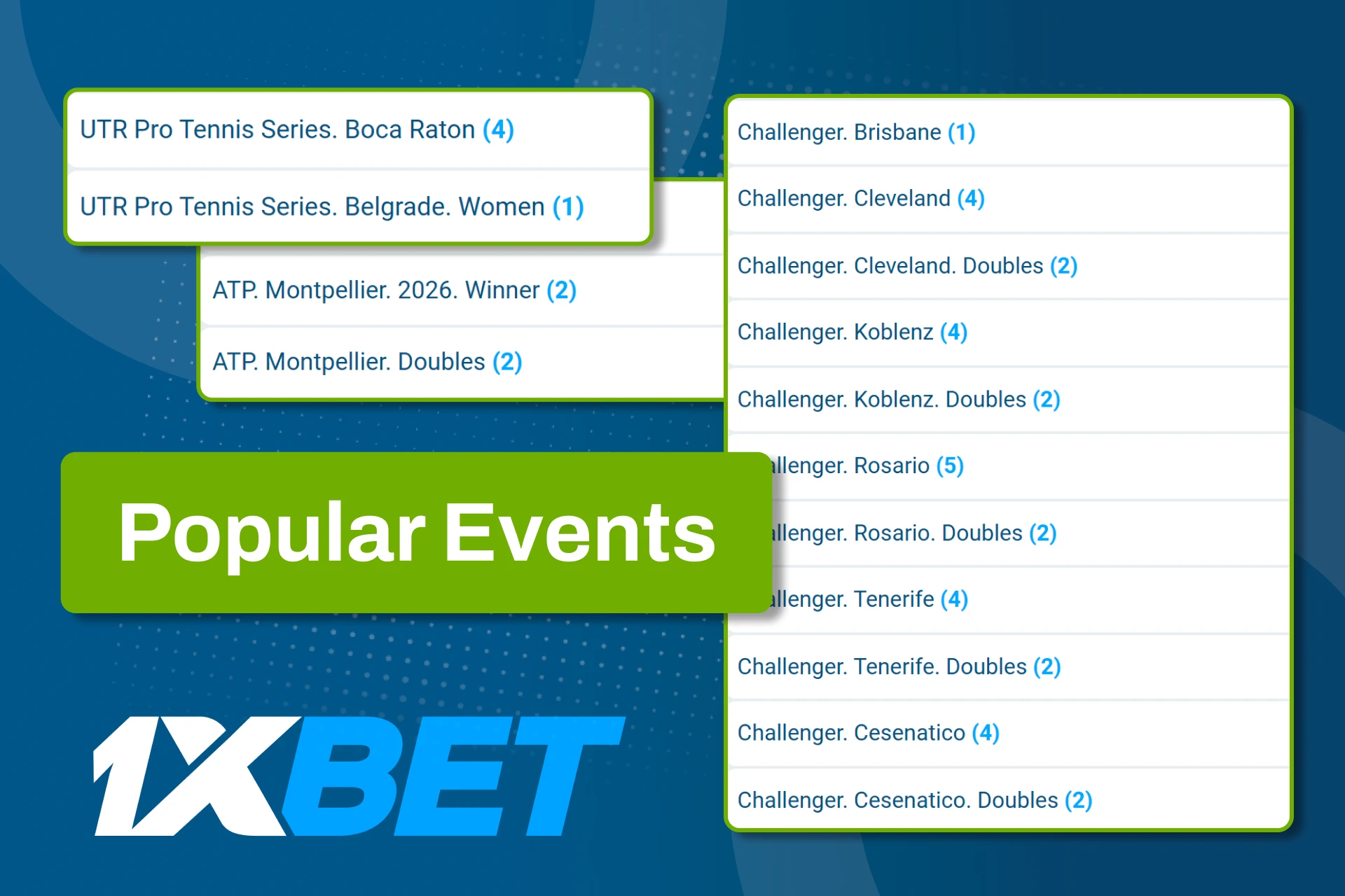 শীর্ষ স্তরের টেনিস প্রতিযোগিতা বেছে নিন এবং 1xBet-এ আত্মবিশ্বাসের সাথে বাজি ধরুন।
