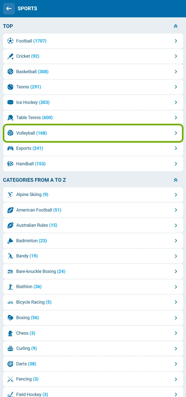 Select volleyball from sports and explore matches on 1xBet.